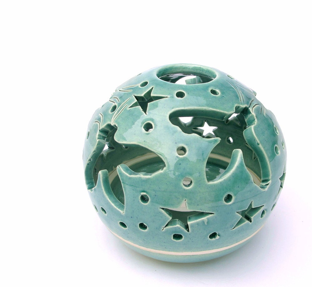 Mint Candle Holder Handmade Pottery Flying Bees Turquoise Candileria Aqua Green Art Spring Home Decor