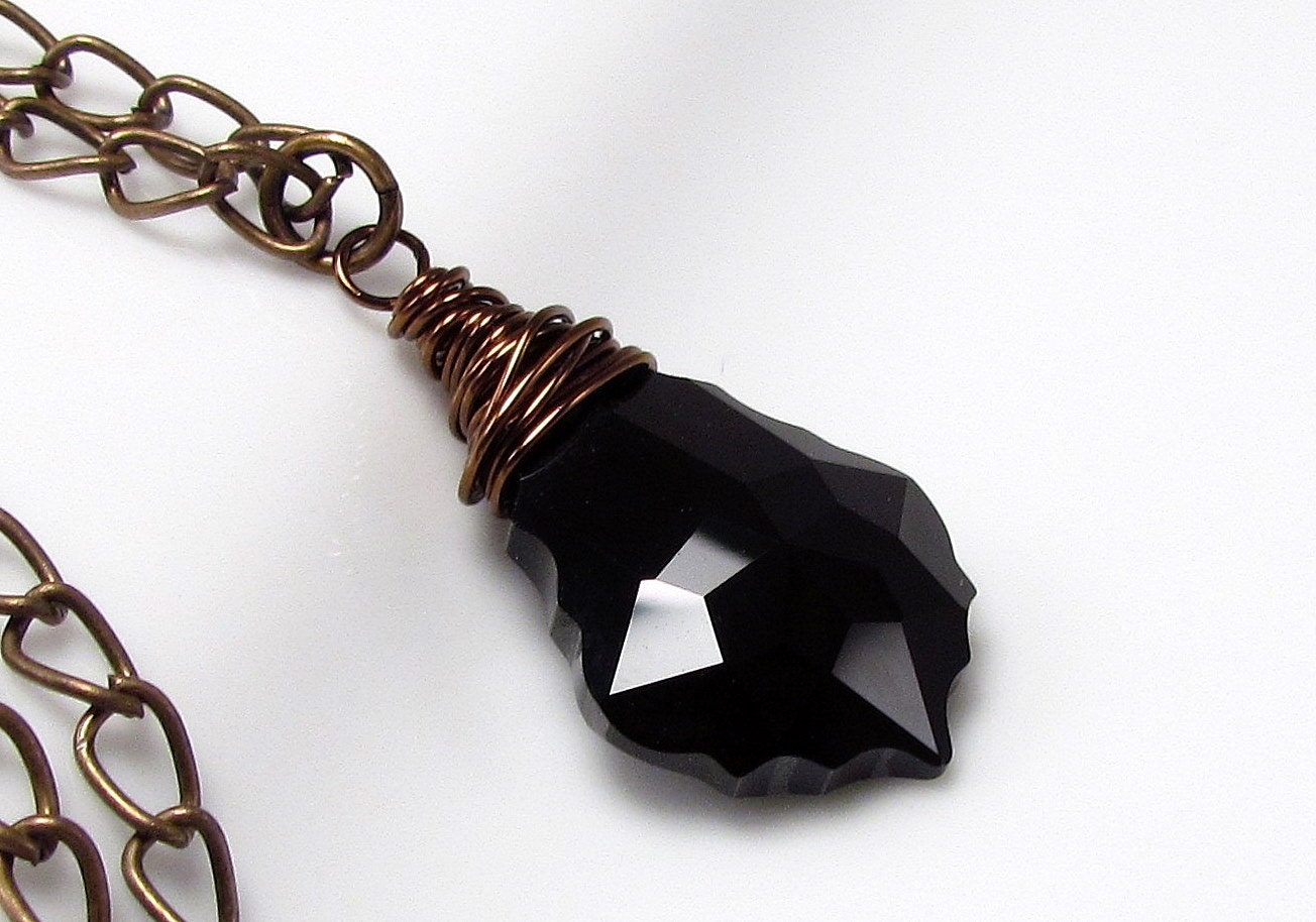 Jet Black Baroque Crystal Pendant, Swarovski Crystal, Wire Wrapped Necklace, Antiqued Brass