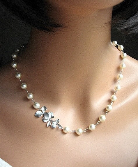 Vintage Inspired Pearl and Orchid Necklace, Sterling Silver Hand Wire Wrapped Bridal Jewelry