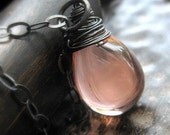 Soft Blush Pink Necklace, Czech Glass Oxidized Sterling Silver Wire Wrapped Pendant