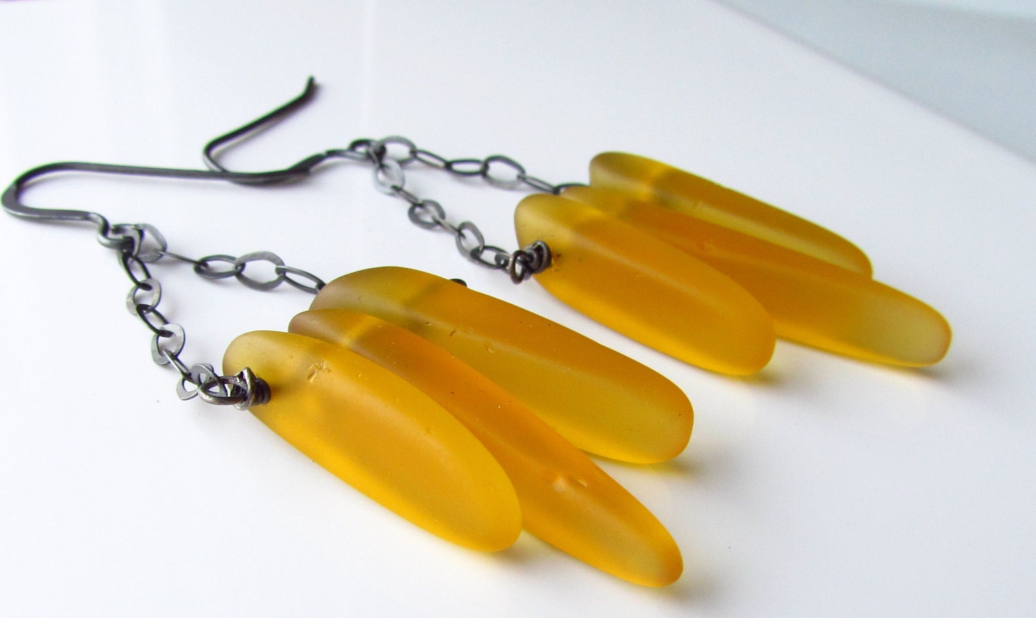 Amber Yellow Recycled Sea Glass Earrings, Geometric Golden Daggers, Oxidized Sterling Silver Wire Wrapped