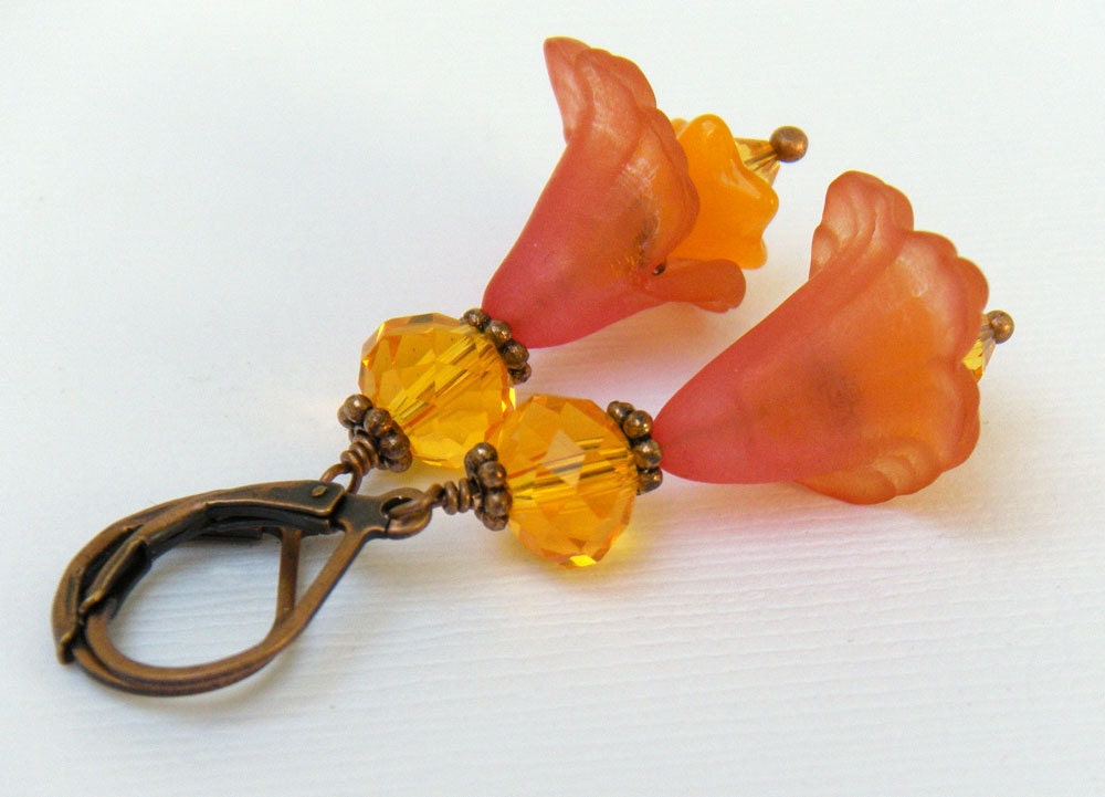 Orange Yellow Flower Earrings, Vintage Inspired, Floral Earrings, - Tangerine Dream - merryalchemy