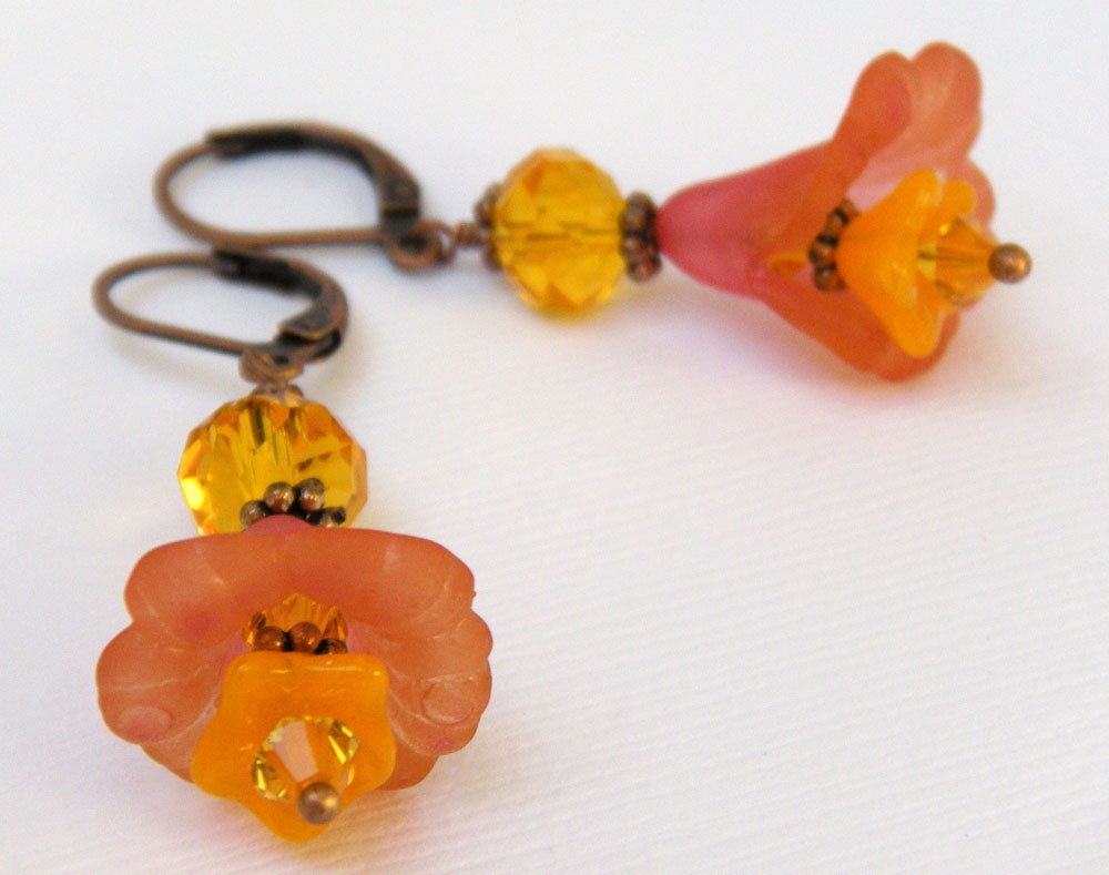 Orange Yellow Flower Earrings, Vintage Inspired, Floral Earrings, - Tangerine Dream - merryalchemy