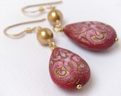 Pink Teardrop Earrings, Middle Eastern, Ornate Pink Earrings, Valentine's Day - Moroccan Teardrop Dangles