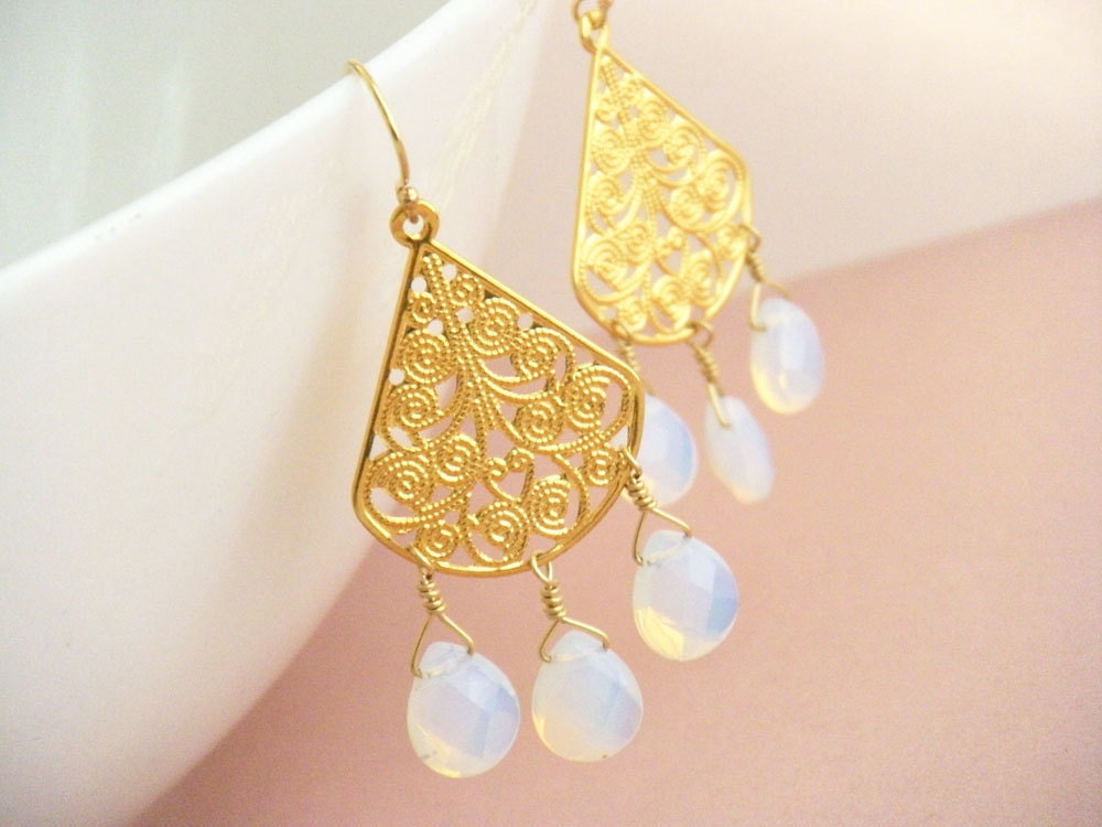 Opal Glass and Gold Filigree Earrings - Atlantis - merryalchemy