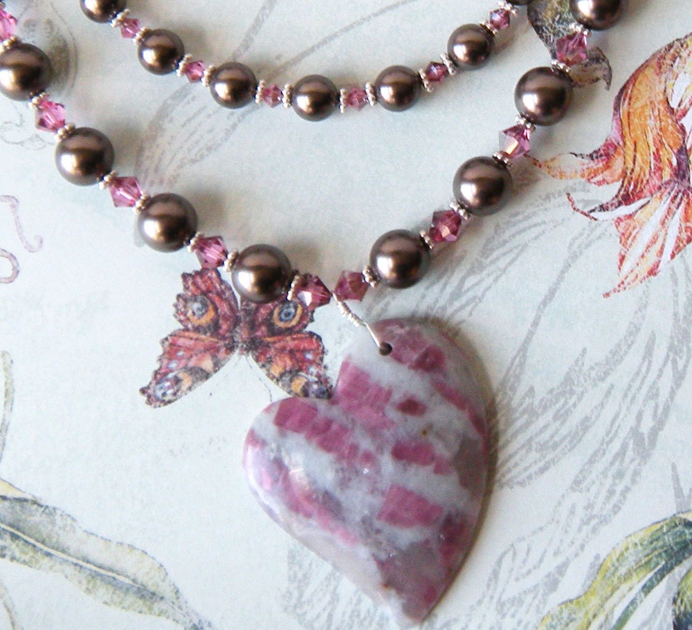 Pink Tourmaline Heart Pendant Necklace, Swarovski Necklace, Ribbon Clasp, Valentine's Day Gift For Her - Raspberry Heart