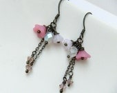 Pink Floral Earrings, Gunmetal and Pink Earrings, Chain Earrings - Honeysuckle Bouquet