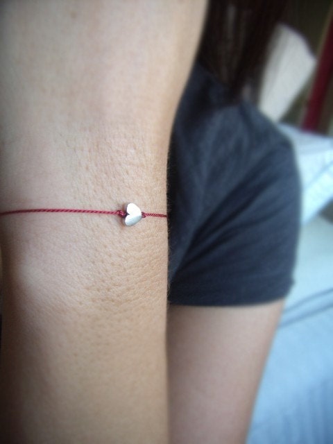 Be My Valentine - Tiny Silver Heart Wish Bracelet - Friendship Bracelet - Red