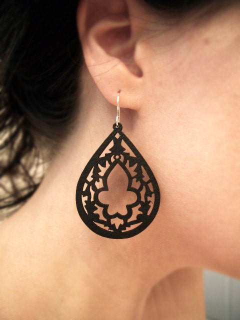 Intricately Carved/Cut Wood Earrings - Black Steeple - Matte Black - Gifts for Her Under 20