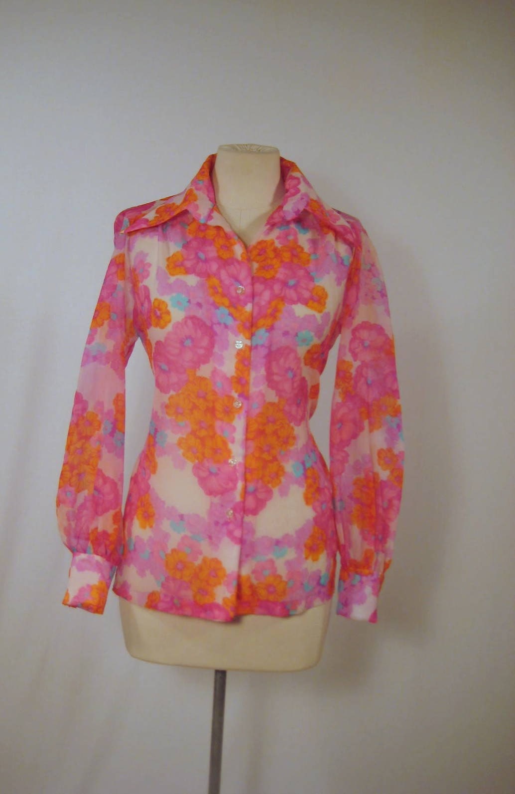 full bloom of love.  60's acid pink floral semi sheer nylon organdy blouse