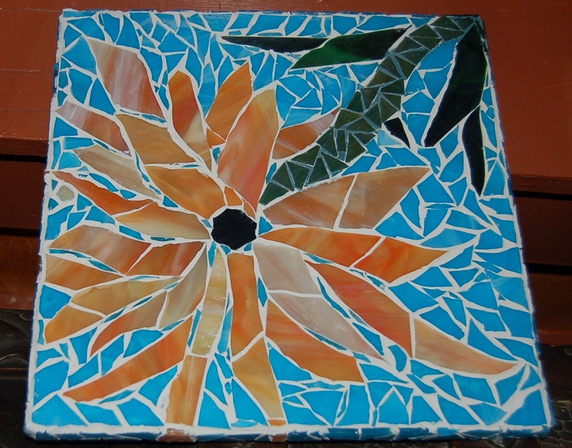 Golden Dahlia Stained Glass Mosaic Art Home Decor Piece, wedding gift