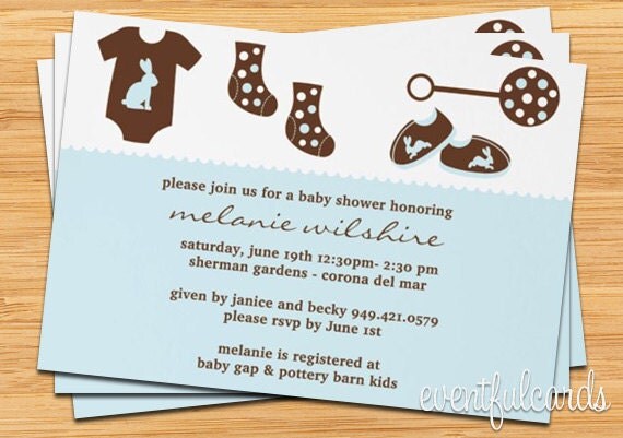Cute Blue Baby Shower Invitations - Onesie, Booties, Rattle and Bunnies Il_570xn