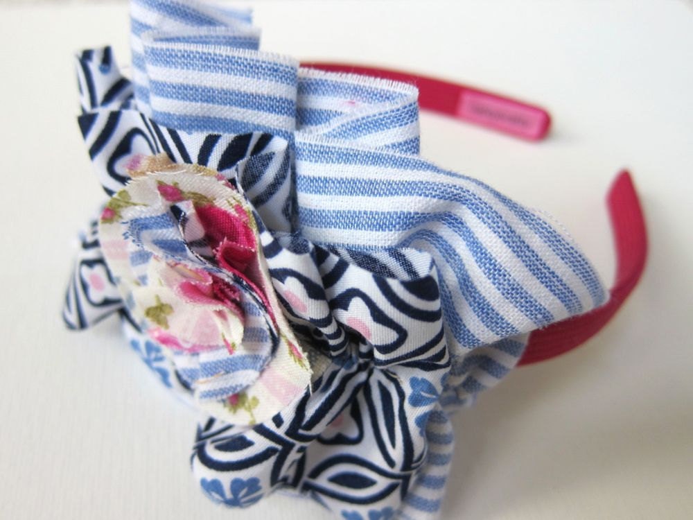 Boho Ruffle Fabric Headband Hair Band for Girls - Summer Seaside Tea Party - Calico Blossom Frilly Preppy Shabby Chic Blues Pinks Stripes