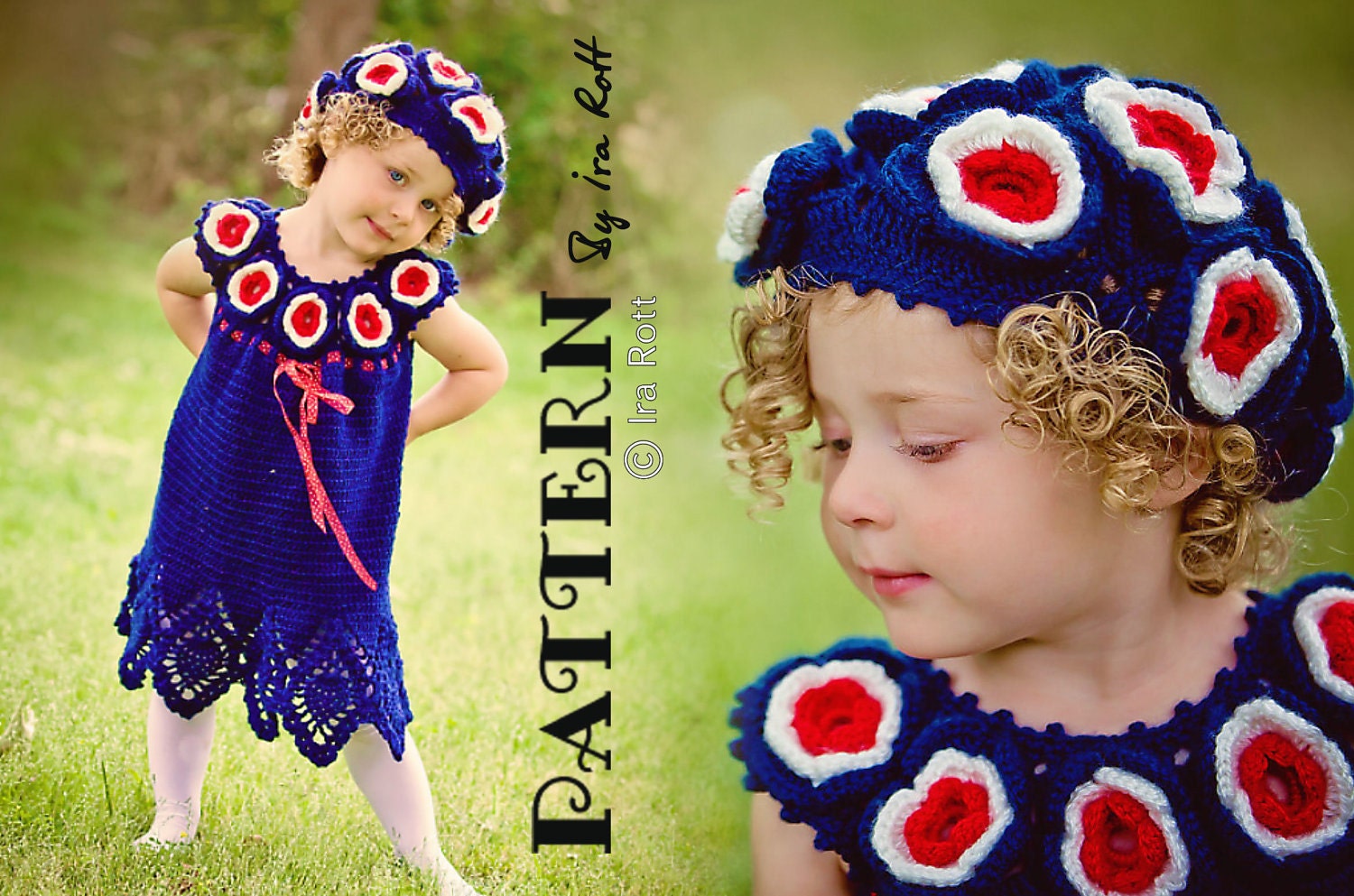 PATTERN - Patriotic Flower Summer Dress and Beret Set - Crochet PDF Pattern