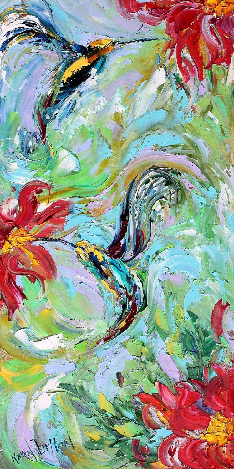 Hummingbirds 15" x 30" Gallery Quality Giclee Print on Museum Archival canvas of Original painting by Karen Tarlton fine art