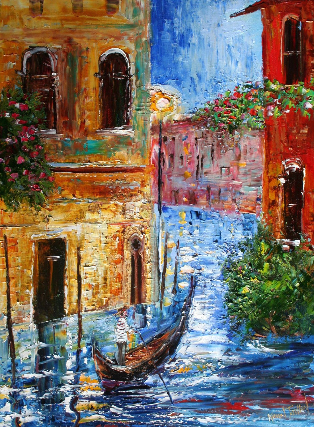 Original oil painting Venice Italy Gondola palette knife modern fine art impressionism by Karen Tarlton