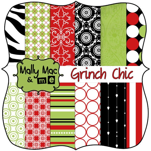 Digital Paper Set " Grinch Chic " Christmas from Mally Mac and Me Damask, Stripes and Polka Dot Digital Printable Scrapbook Paper Pack