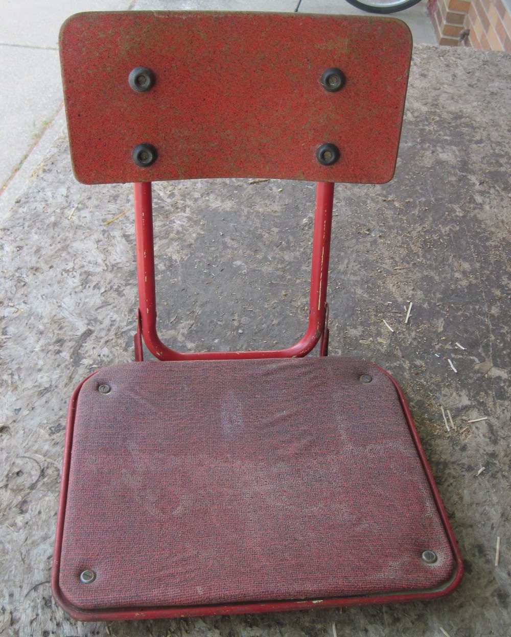 Vintage wood, vinyl, & metal folding stadium, fishing boat seat red spattered paint
