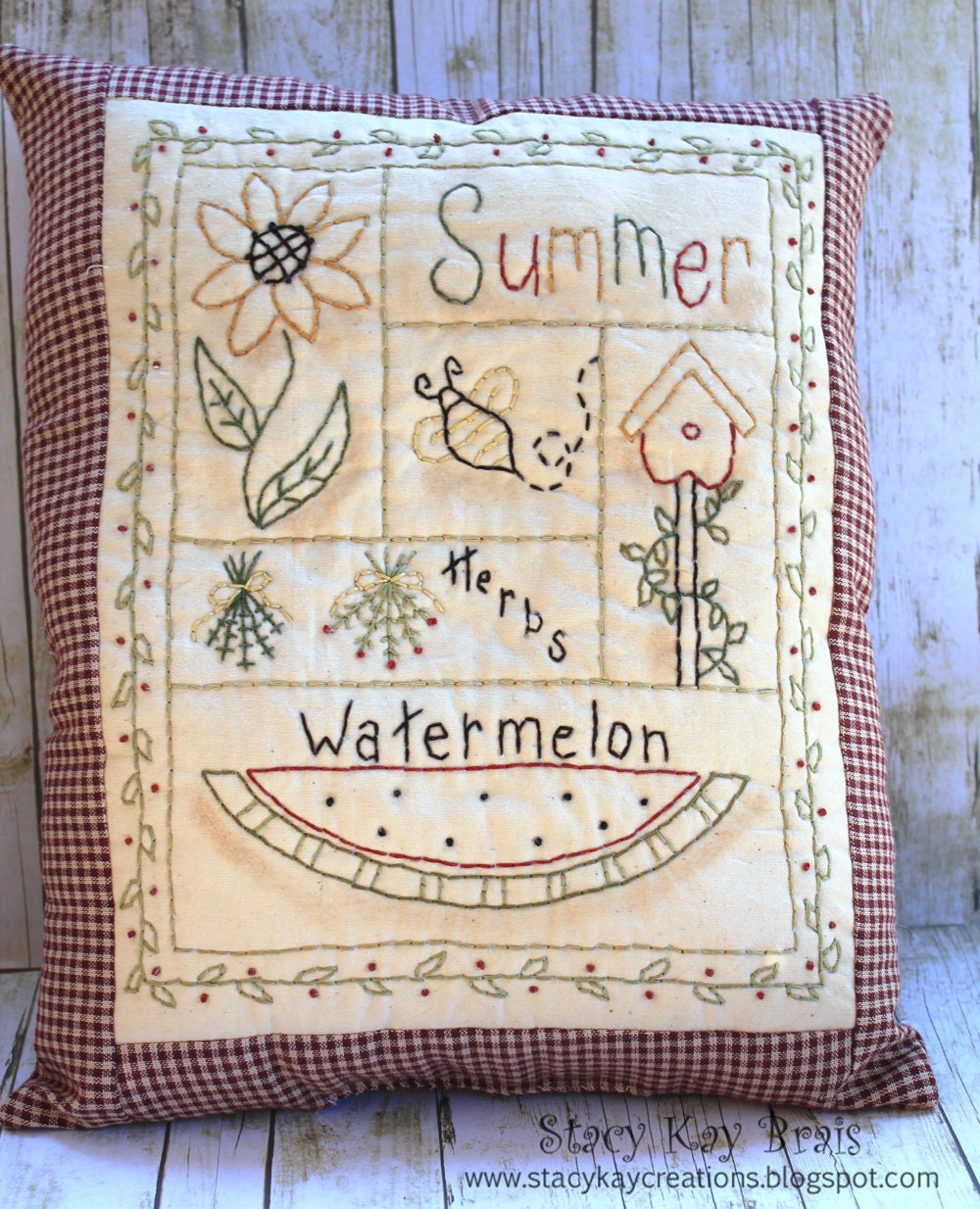 Primitive Summer Sampler  Pillow Handmade