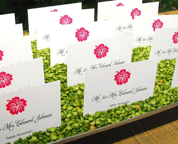 Wedding Seating Card, Wedding Escort Card, or Wedding Place Card - Luau with Pink Hibiscus (More Colors)