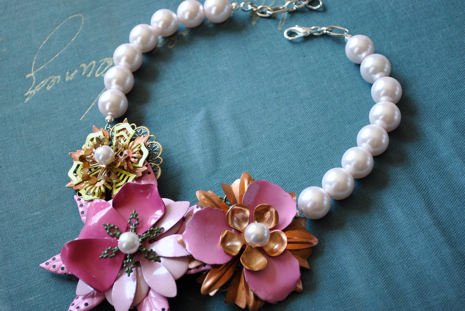 Flower Statement Necklace in HOT pink with Whisper Pink Pearls