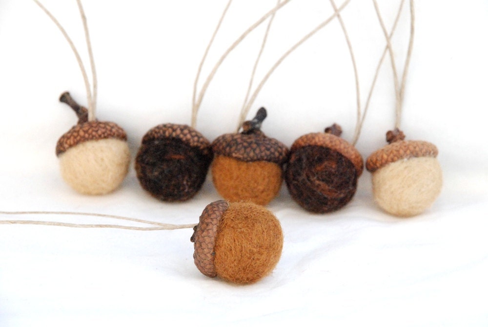 6 Wool Felted Acorn Ornaments, Brown, Latte, Coffee, Needle Felted