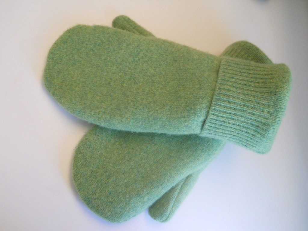 Soft Green Mittens: felted, recycled wool lined with soft fleece. Ladies M/L or Men's S.
