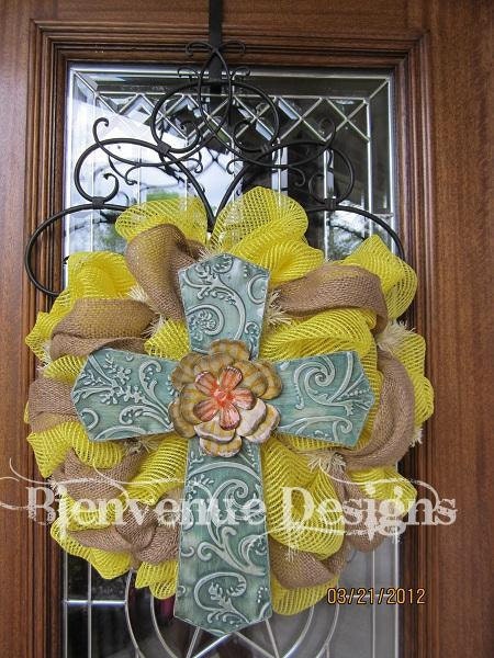 Yellow Tin Cross Mesh Wreath