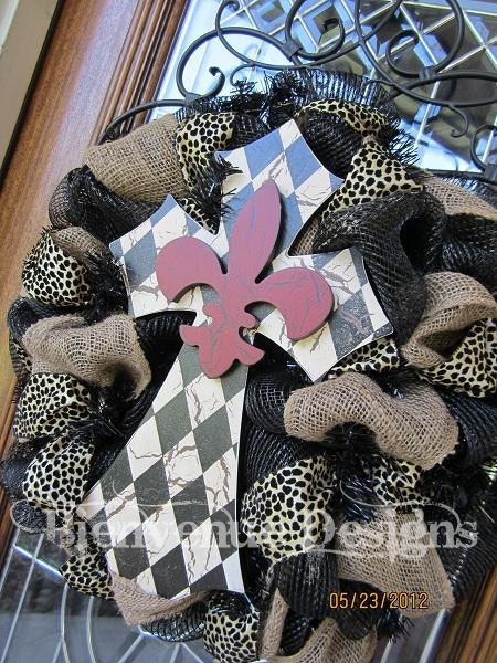 Diamond Fleur De Lis Cross Leopard Mesh Wreath