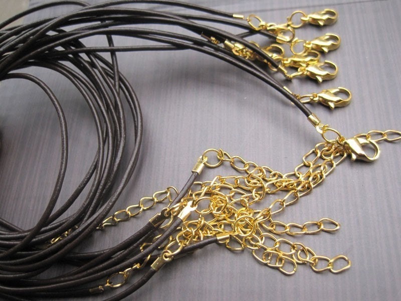 Handmade new style--Small ends--Gold plated findings--10pcs 16-18 inch adjustable 1.5mm brown genuine/real leather necklace cord