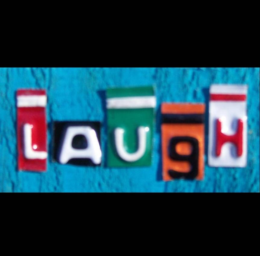 Funky Laugh Word Block Sign - Custom Words Available - Recycled Vintage License Plate Art - Salvaged Wood - Upcycled Artwork