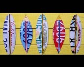 Funky Five Surf - Recycled Vintage Surfboard License Plate Art - Salvaged Wood - Upcycled Artwork