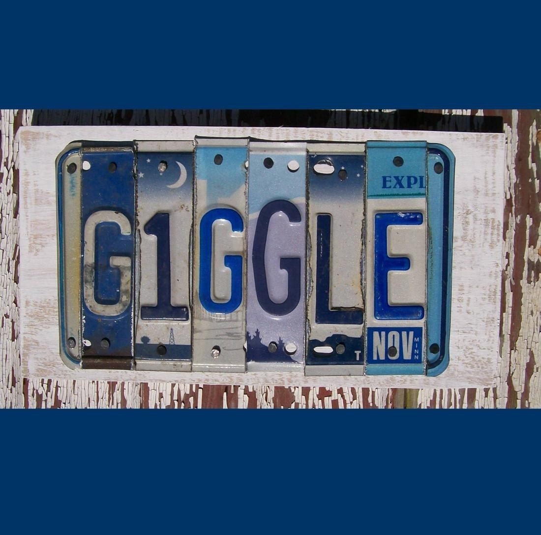 Funky Giggle Word Block - Custom Words Available - Recycled Vintage License Plate Sign Art - Salvaged Wood - Upcycled Artwork