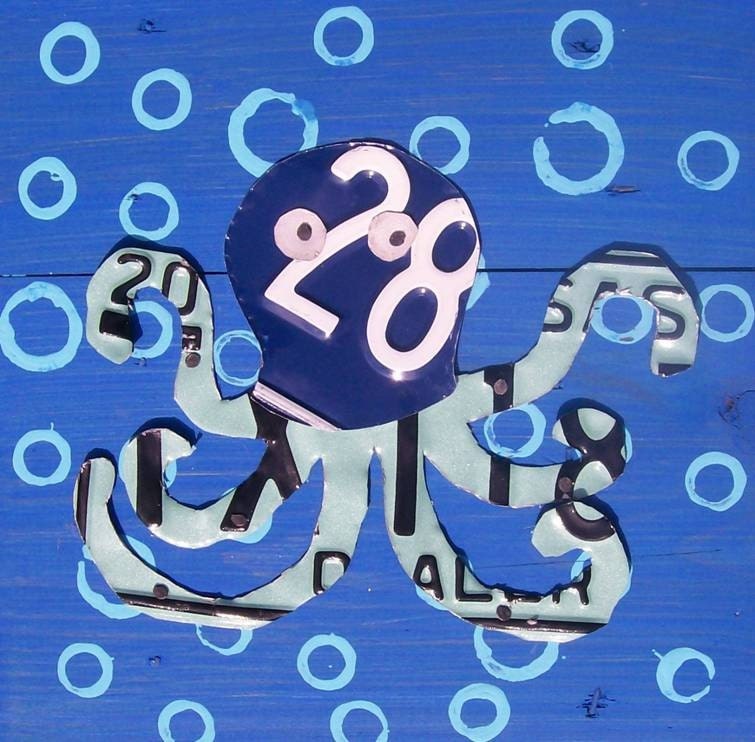 Eight legs are better than none - Beach - Octopus - Sealife - Recycled Vintage License Plate Art - Salvaged Wood - Upcycled Artwork