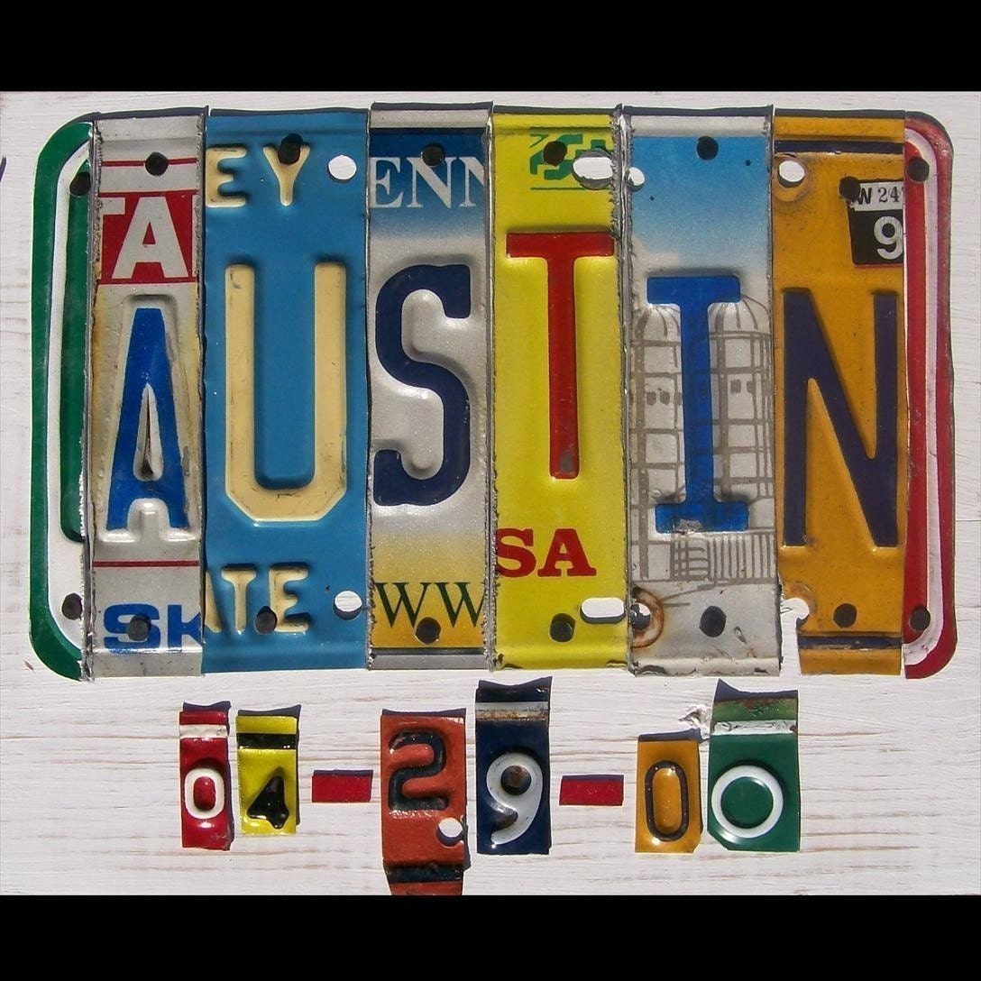 License Plate Sign Art - Funky Wedding Anniversary Word Block with name and date - Custom Signs Available - Salvaged Wood