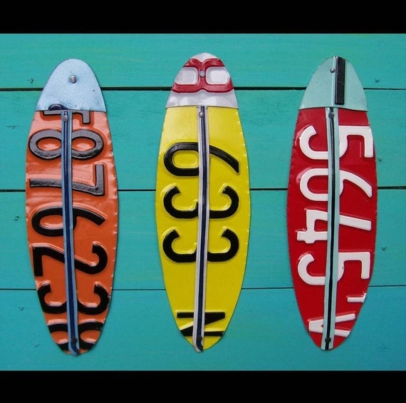 Terrific Triple Surf - Recycled License Plate Art - Salvaged Wood - Upcycled Artwork