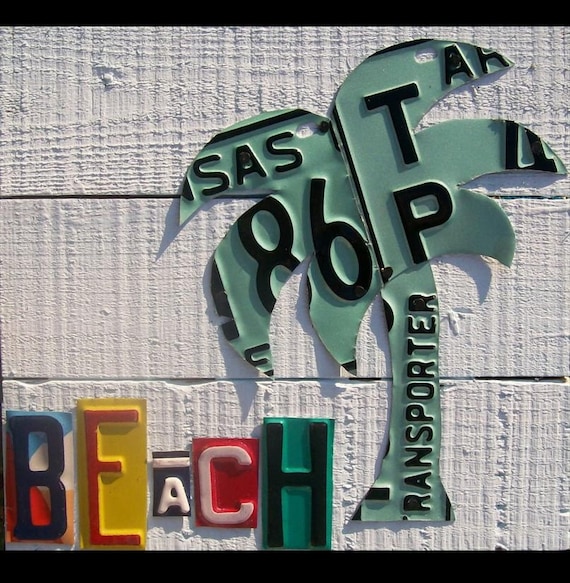 Palm Tree on the Beach - Recycled Vintage License Plate Art - Salvaged Wood - Upcycled Artwork