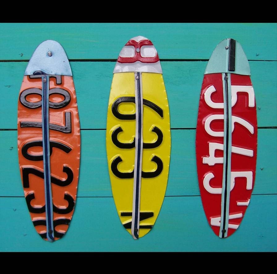 Terrific Triple Surf - Recycled License Plate Art - Salvaged Wood - Upcycled Artwork