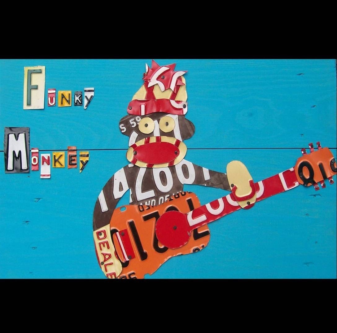 License Plate Art - Funky Music Guitar Rock and Roll On - Recycled Art Company - Salvaged Wood - Upcycled Artwork