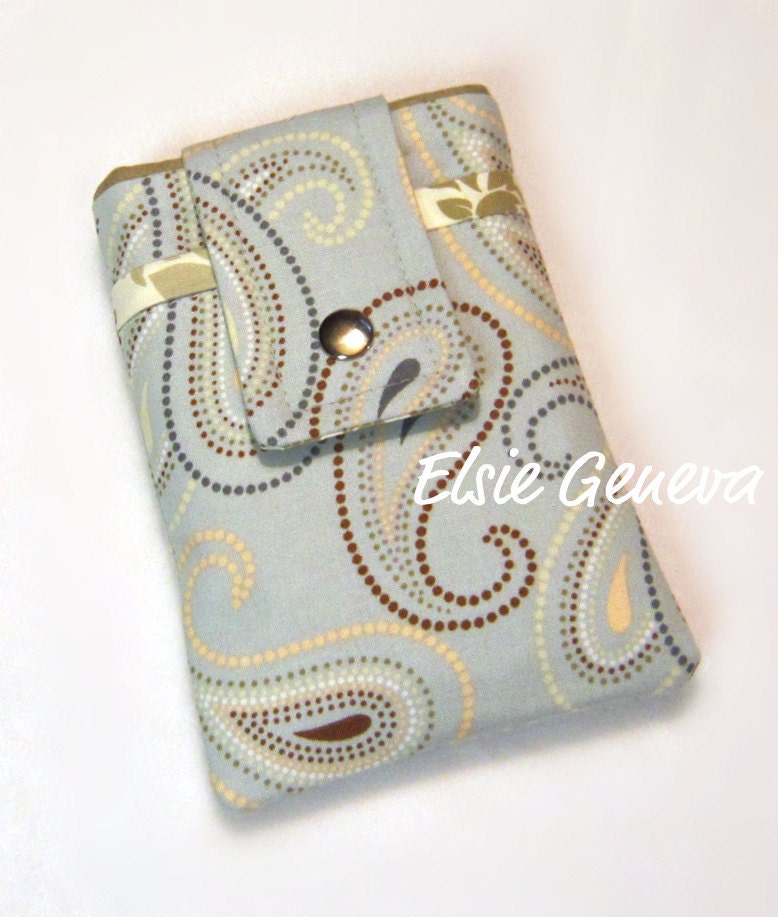 Dusty Blue and Taupe Paisley Phone Case with Wristlet or Orange - Green - Azure Blue - Soft  Red - Bright Option