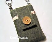 Leichen Olive Green or Natural Japanese Linen  Phone Case  Satchel / Shoulder Strap or with Wristlet Blue and Paisley Fabric Option
