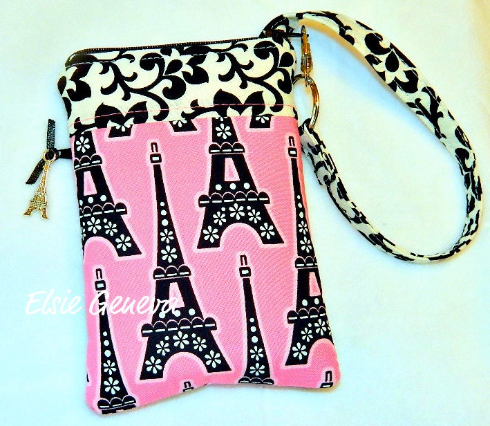Black & Pink Give Me the Eiffel Tower or Japanese Cherry Blossom  Phone Case  with Back Zipper Pocket and Eiffel Tower Charm