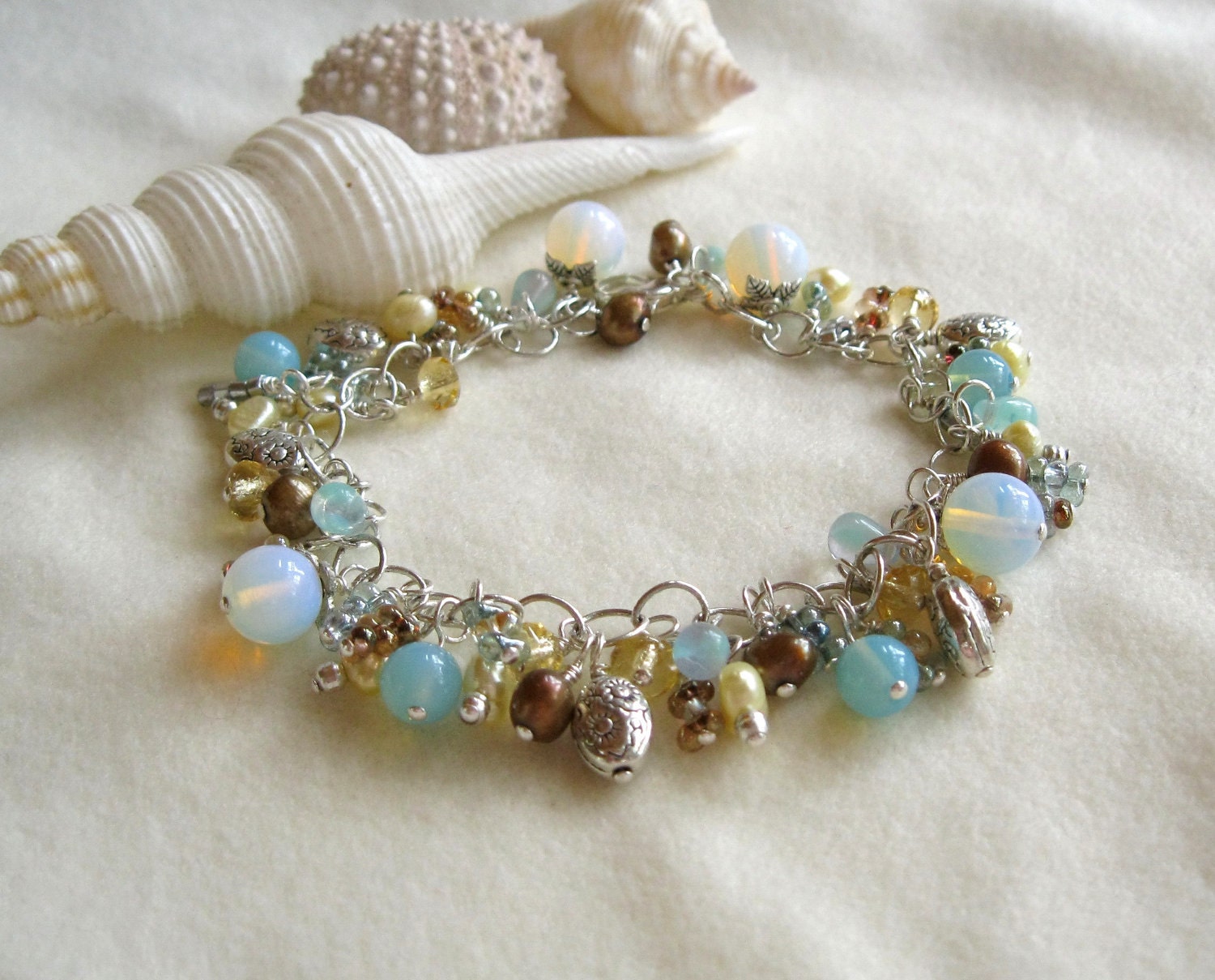 Opalite, citrine, pearl and silver bead dangle bracelet