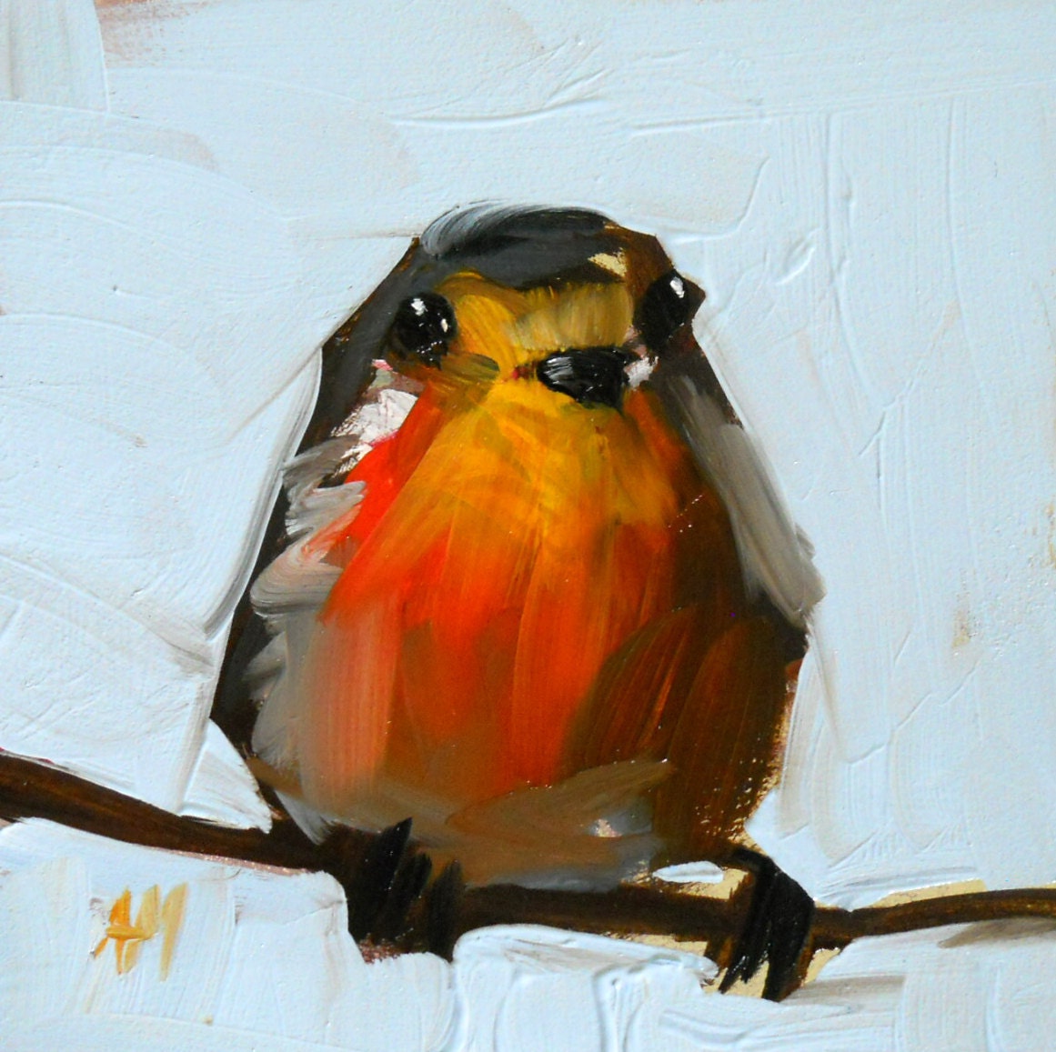 little robin on branch open edition print 5 x 5 inch by angela moulton