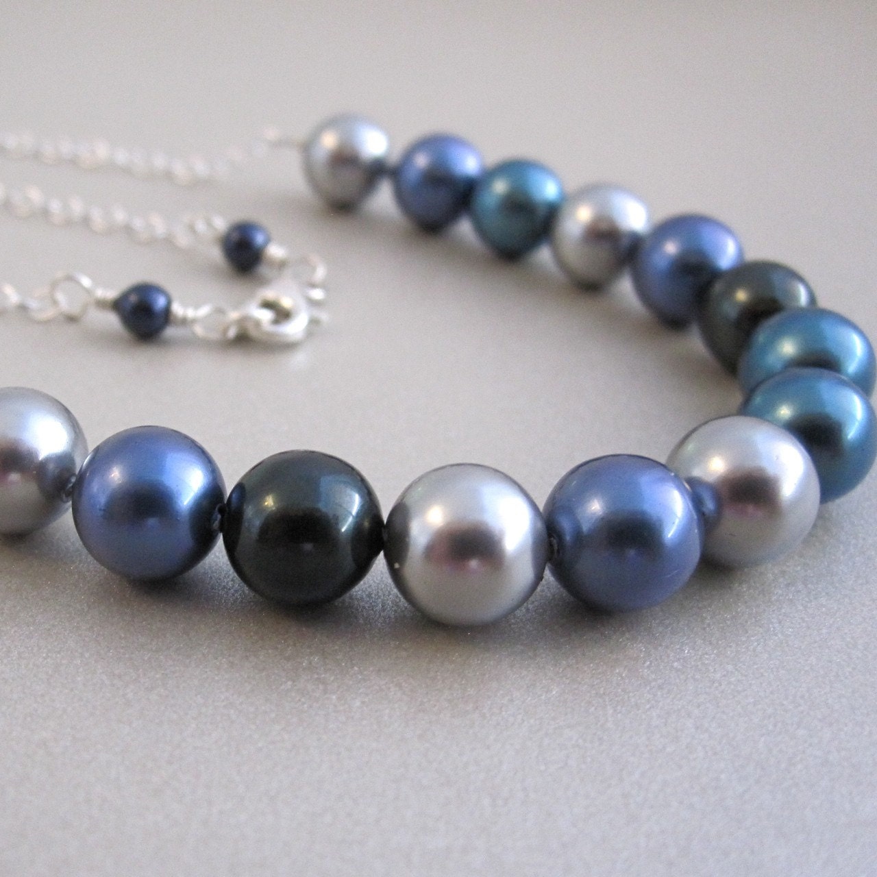 Blue and gray pearl necklace sterling silver chain