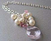 Cluster bridal necklace cream pearl pale pink crystal