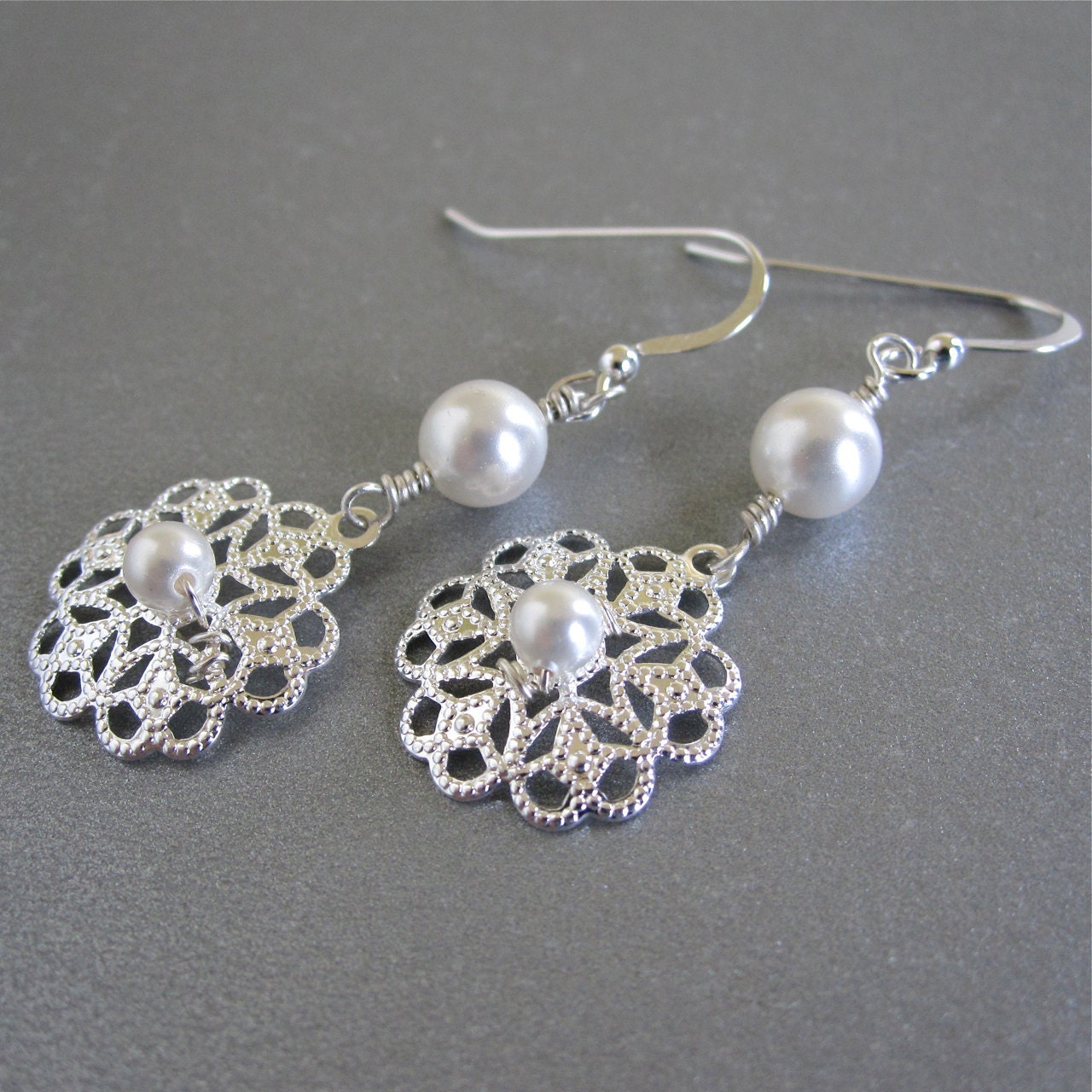 Silver filigree pearl bridal earrings