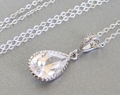 Cubic zirconia rhinestone drop pendant necklace