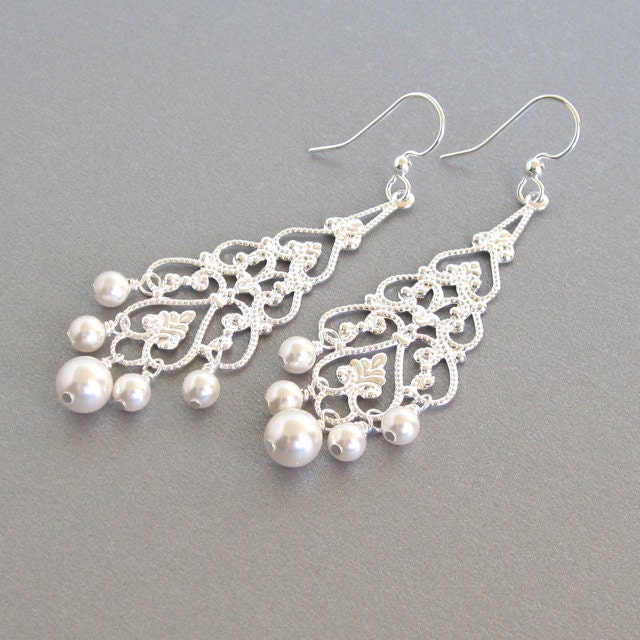 Bridal chandelier earrings silver filigree pearl dangle
