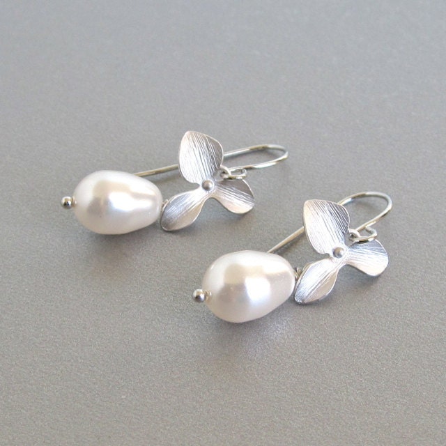 Silver orchid pearl drop bridal earrings